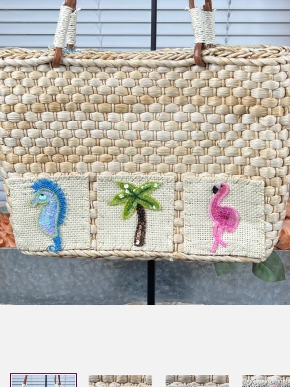 Straw Bag For Summer Adorable Sea Horse, Palm Tree And flamingo In Front.